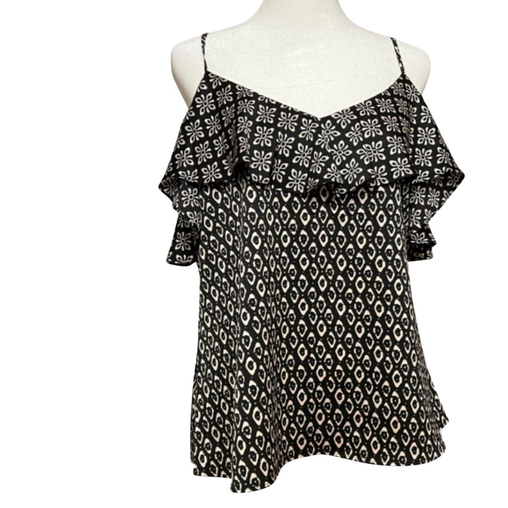 Ann Taylor Factory Black Print Ruffle Tank Top • Size Medium • NEW NO TAGS - Picture 2 of 6